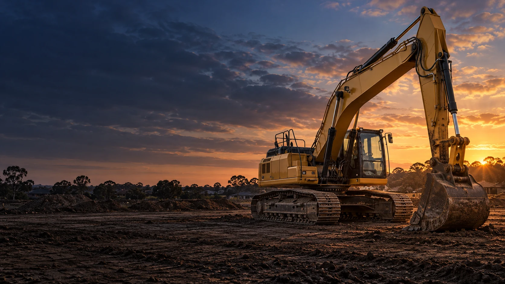 AI-generated concept of an excavator at a cleared site at sunset